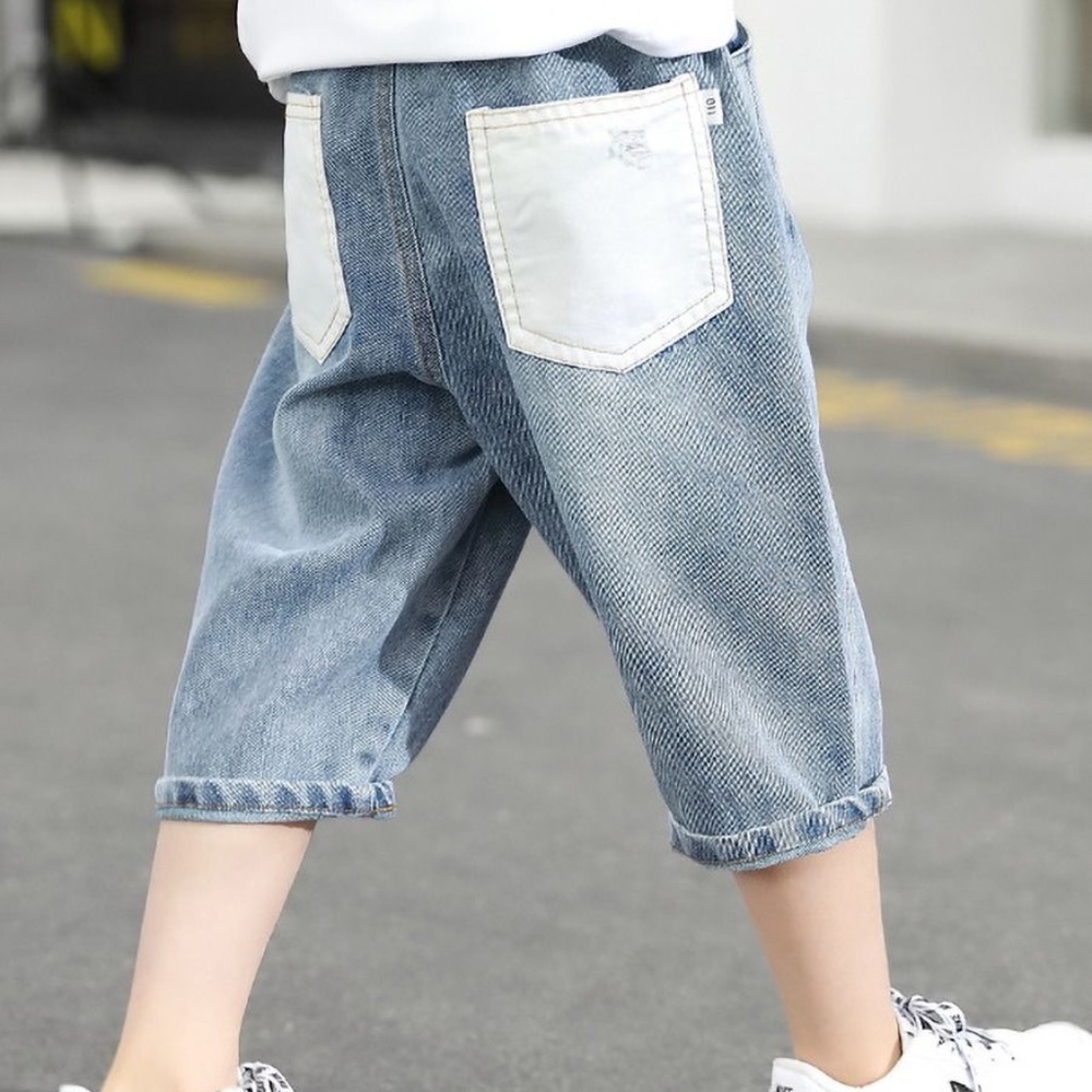 Two Tone Crop Jeans Elastic Waist